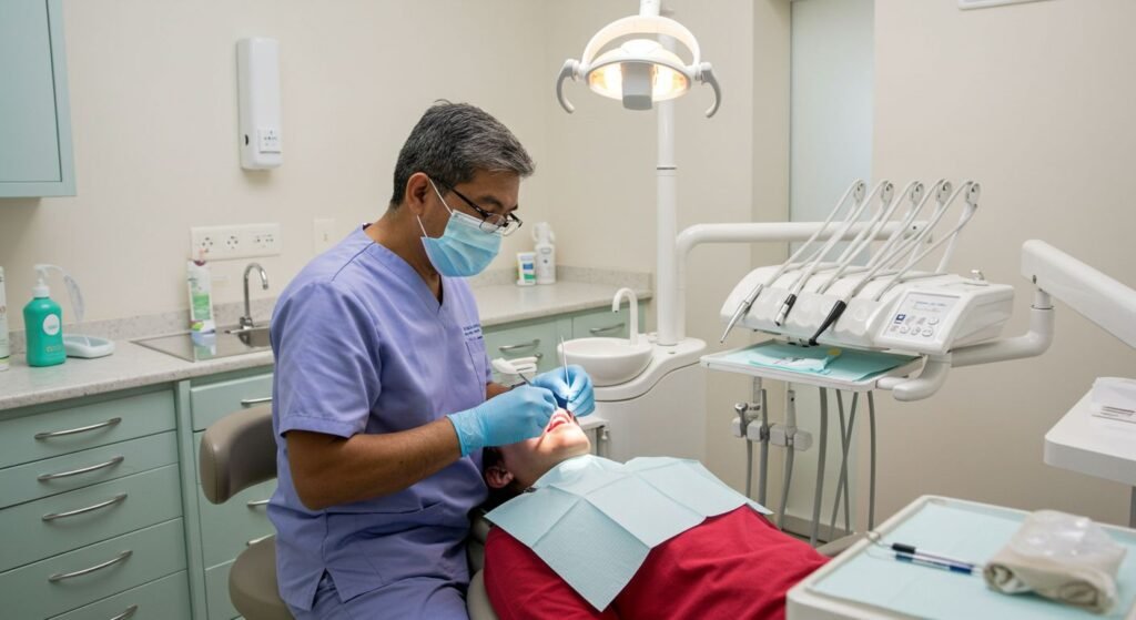 Dentista atendendo um paciente em um consultório odontológico moderno, com luvas, máscara e instrumentos clínicos sob iluminação profissional.